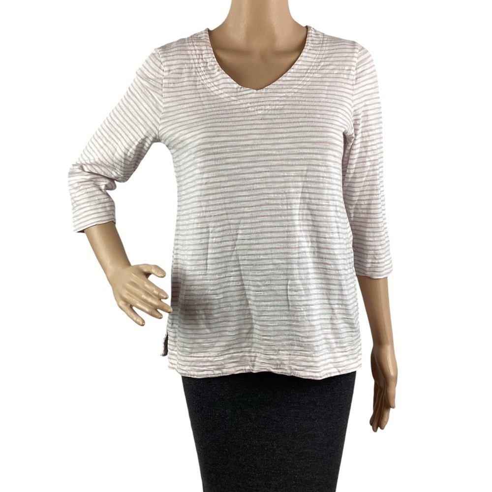 Chico's Striped Cotton-Blend Slub Refined V-Neck Tee Size S White Stripe